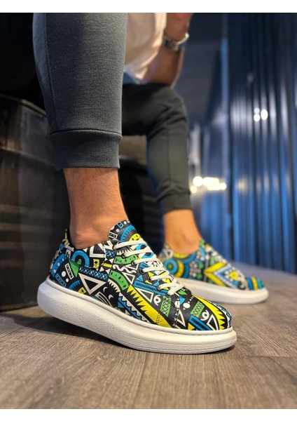 J046 Bağcıklı Ortopedik Taban Renkli Baskılı Erkek Günlük Sneaker Spor Ayakkabı Bt Sarı