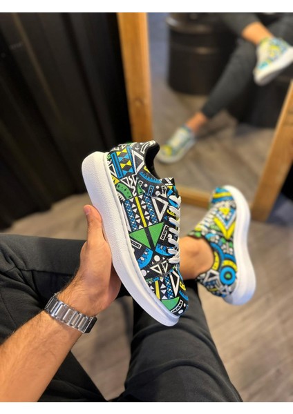 J046 Bağcıklı Ortopedik Taban Renkli Baskılı Erkek Günlük Sneaker Spor Ayakkabı Bt Sarı fiyatları