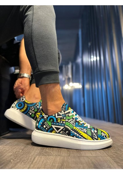 J046 Bağcıklı Ortopedik Taban Renkli Baskılı Erkek Günlük Sneaker Spor Ayakkabı Bt Sarı modelleri