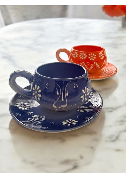 El Yapımı Şık Mavi Kahve Fincanı Seti, 2 Kişilik, Dekoratif ve Zarif Tasarım