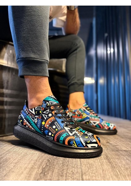 J046 Bağcıklı Ortopedik Taban Renkli Baskılı Erkek Günlük Sneaker Spor Ayakkabı Bt Siyah