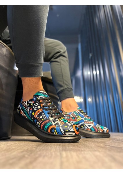 J046 Bağcıklı Ortopedik Taban Renkli Baskılı Erkek Günlük Sneaker Spor Ayakkabı Bt Siyah fiyatları