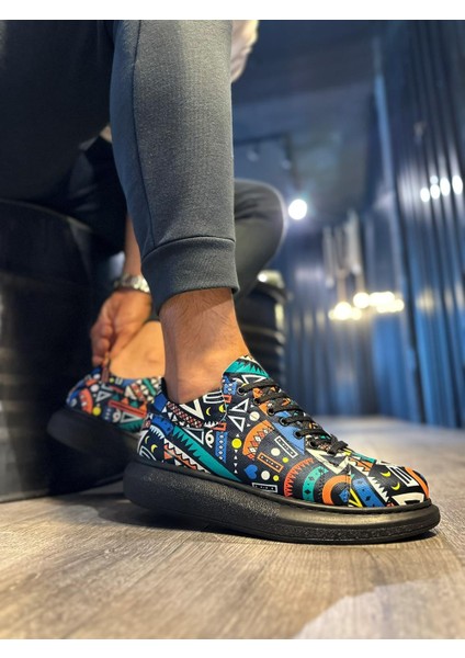 J046 Bağcıklı Ortopedik Taban Renkli Baskılı Erkek Günlük Sneaker Spor Ayakkabı Bt Siyah fırsatları