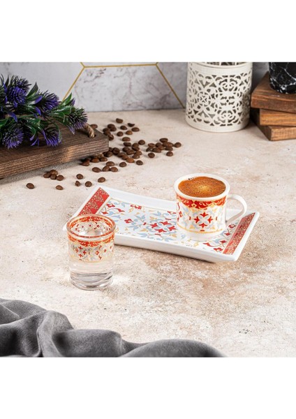 Kırmızı Çini Motifli Tekli Kahve Sunum Seti, Şık ve Otantik Tasarım