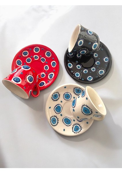 El Yapımı 3 Kişilik Şık Kahve Fincan Seti, Nazar Boncuklu Tasarım, Siyah Renk