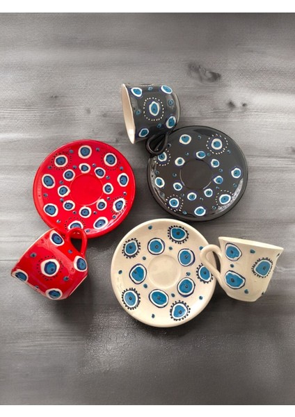 El Yapımı 3 Kişilik Şık Kahve Fincan Seti, Nazar Boncuklu Tasarım, Siyah Renk fiyatları