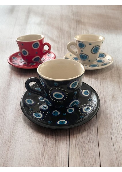 El Yapımı 3 Kişilik Şık Kahve Fincan Seti, Nazar Boncuklu Tasarım, Siyah Renk modelleri