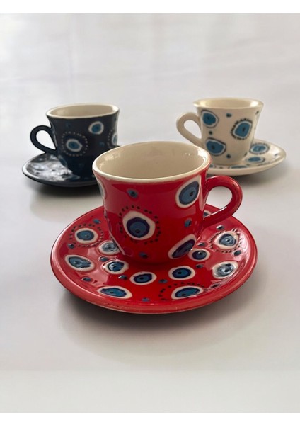 El Yapımı 3 Kişilik Şık Kahve Fincan Seti, Nazar Boncuklu Tasarım, Siyah Renk fırsatları