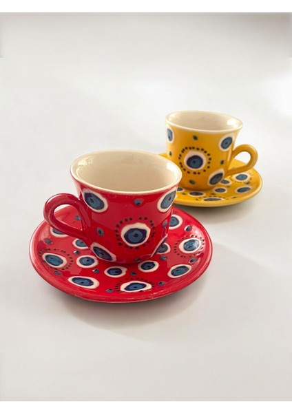 El Yapımı Şık Kahve Fincan Takımı, Nazar Boncuklu, 2 Kişilik, Dekoratif Set