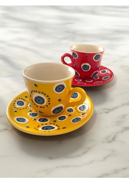 El Yapımı Şık Kahve Fincan Takımı, Nazar Boncuklu, 2 Kişilik, Dekoratif Set fiyatları