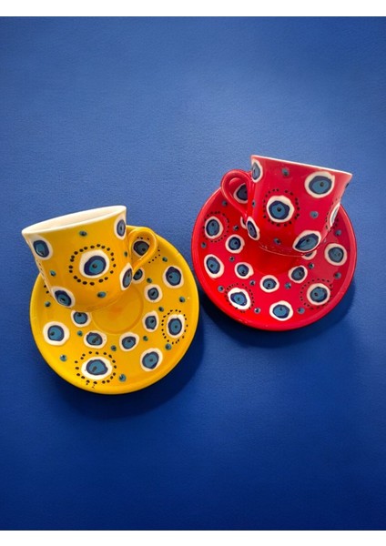 El Yapımı Şık Kahve Fincan Takımı, Nazar Boncuklu, 2 Kişilik, Dekoratif Set fırsatları