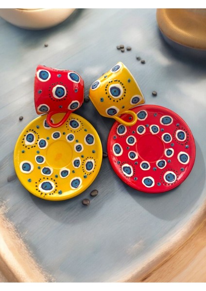 El Yapımı Şık Kahve Fincan Takımı, Nazar Boncuklu, 2 Kişilik, Dekoratif Set indirimleri