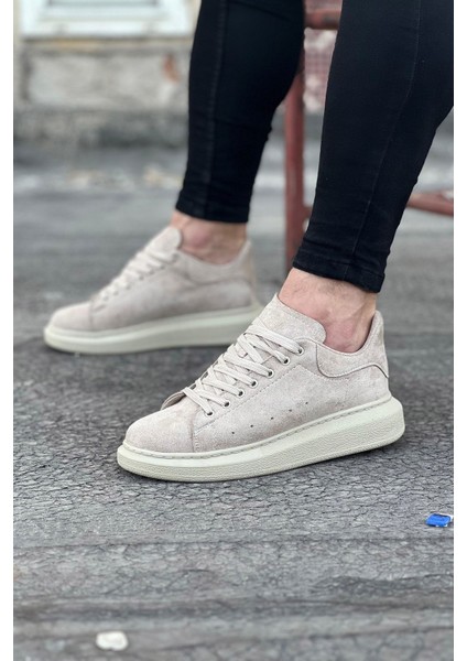 J096 Bağcıklı Ortopedik Taban Süet Erkek Sneaker Günlük Ayakkabı Kt Krem