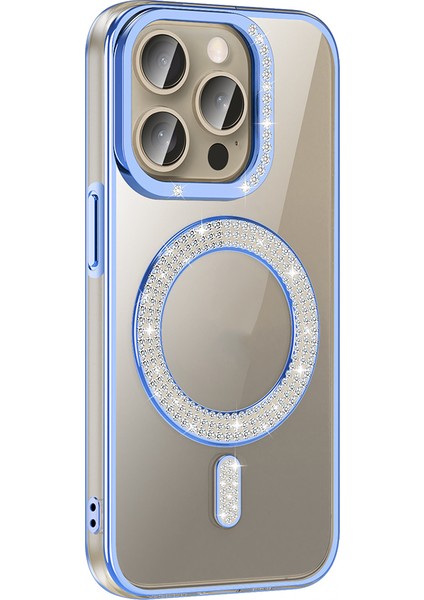 Apple iPhone 15 Pro Uyumlu Kılıf Pırlanta Taş Tasarımlı M-Safe Şarj Özellikli Zore Karetta Silikon Kapak