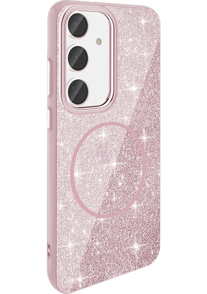 Samsung Galaxy S23 Fe Uyumlu Kılıf M-Safe Şarj Özellikli Parlayan Simli Zore Okso Kapak