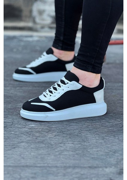 J019 Bağcıklı Ortopedik Taban Triko Erkek Sneaker Günlük Ayakkabı Bt Siyah/beyaz