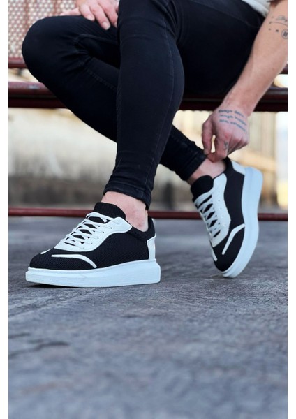 J019 Bağcıklı Ortopedik Taban Triko Erkek Sneaker Günlük Ayakkabı Bt Siyah/beyaz fiyatları