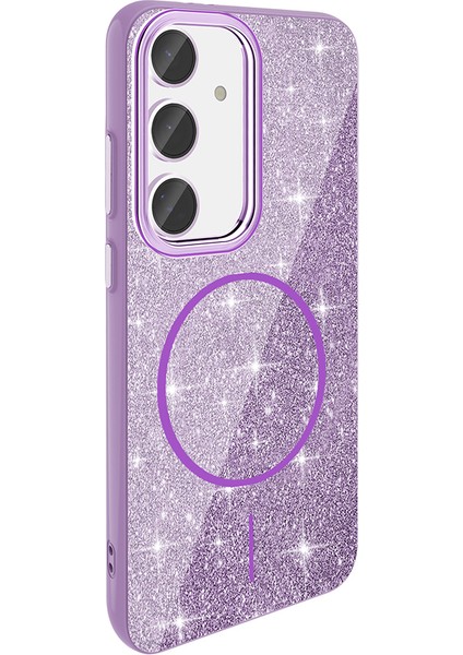 Samsung Galaxy S24 Fe Uyumlu Kılıf M-Safe Şarj Özellikli Parlayan Simli Zore Okso Kapak