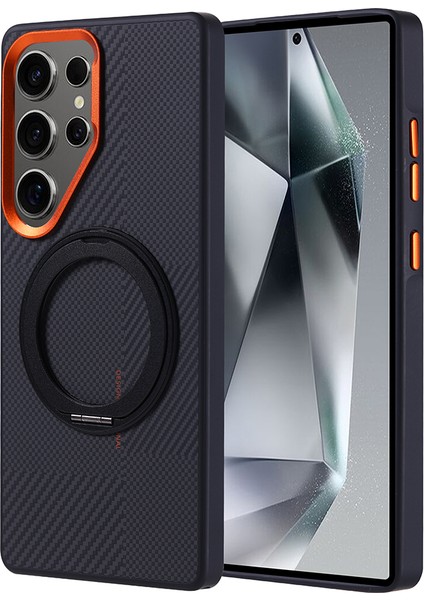 Samsung Galaxy S25 Ultra Uyumlu Kılıf M-Safe Şarj Özellikli Karbon Fiber Görünümlü Zore Standlı Troy Kapak