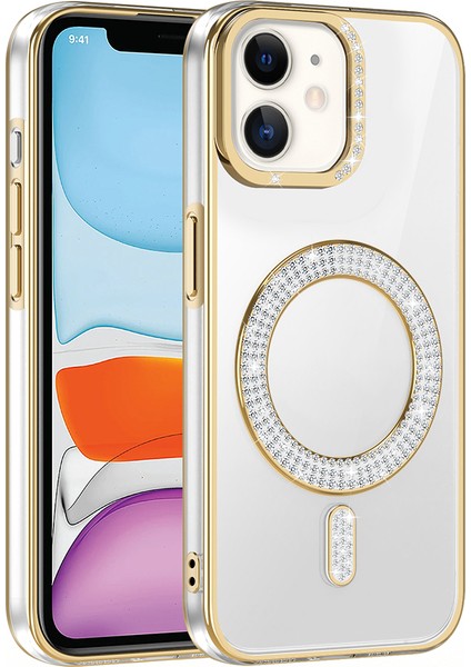 Apple iPhone 12 Uyumlu Kılıf Pırlanta Taş Tasarımlı M-Safe Şarj Özellikli Zore Karetta Silikon Kapak