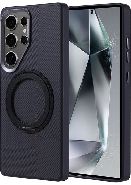 Samsung Galaxy S25 Ultra Uyumlu Kılıf M-Safe Şarj Özellikli Karbon Fiber Görünümlü Zore Standlı Troy Kapak