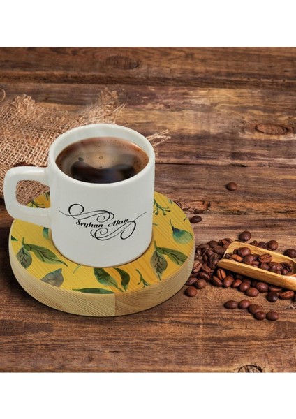 Özel Tasarımlı Doğal Ahşap Kişiye Özel Kahve Fincanı, 4'lü Set