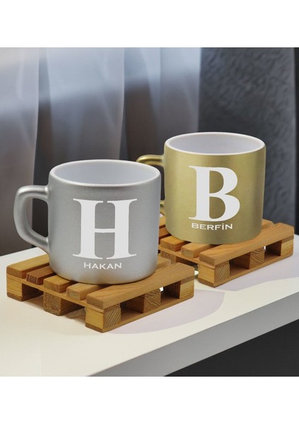 Isimli 2'li Gümüş ve Gold Renkli Middle Çay Kahve Fincanı Seti