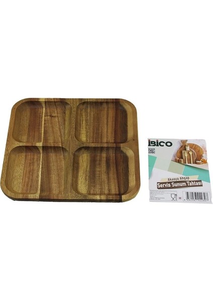 Akasya Kare 4 Bölmeli Ahşap Servis Sunum Tepsi - Tahtası 20 x 1.4cm (5047)