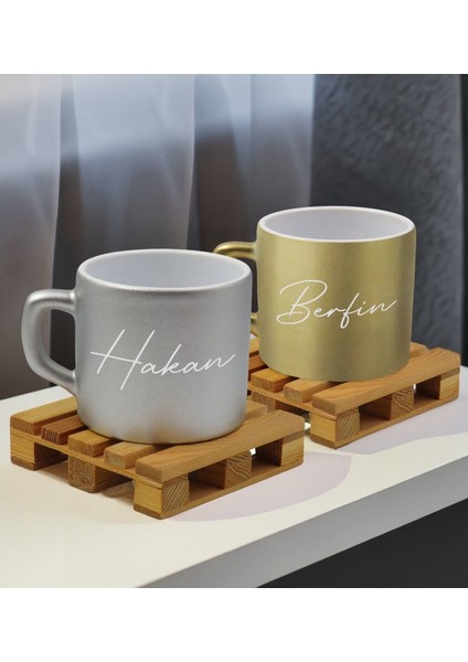 Isimli 2'li Gümüş ve Gold Renkli Çay & Kahve Fincanı Seti, Hediye