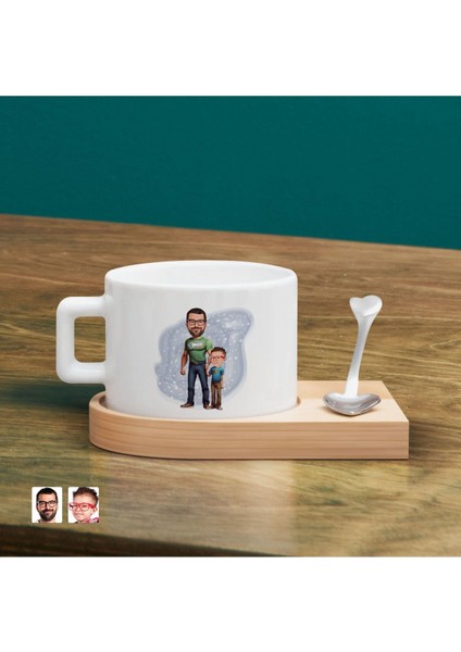 Kişiye Özel Baba Oğul Karikatürlü Seramik Fincan, Ahşap Altlıklı Hediye fiyatları