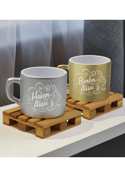 Kişiye Özel Isimli 2’li Gümüş ve Gold Renkli Çay ve Kahve Fincanı Seti