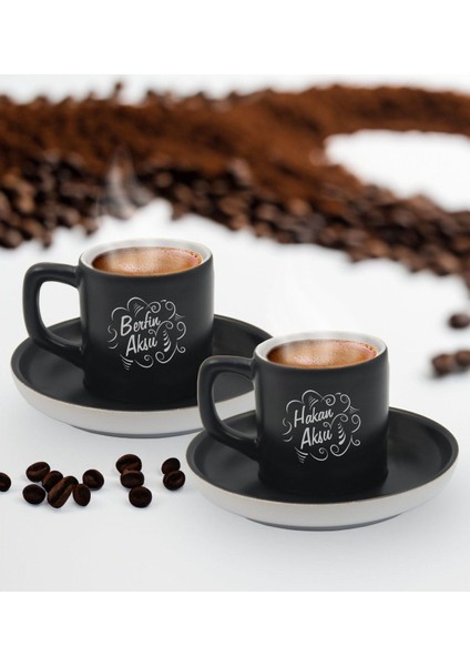 Isimli Siyah Renkli Ikili Türk Kahvesi Fincan Seti-4, Sevgili ve Arkadaşlara Özel