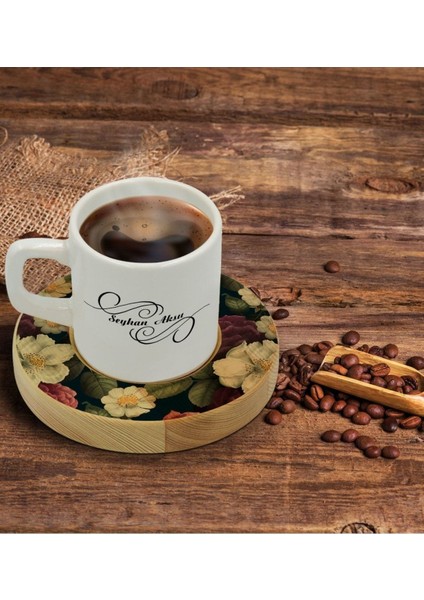 Kişiye Özel Çiçek Desenli Ahşap Tabaklı Türk Kahvesi Fincanı Seti