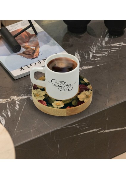 Kişiye Özel Çiçek Desenli Ahşap Tabaklı Türk Kahvesi Fincanı Seti fiyatları