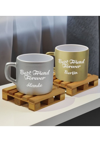 Isimli 2'li Renkli Çay ve Kahve Fincanı Takımı, Gümüş ve Gold Tonlar ile Şık Tasarım