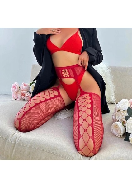Merlif Lingerie Kadın Kırmızı Jartiyer Desenli Seksi Çorap Erotik Fantezi Esnek Iç Çamaşır Yeniyıl, yılbaşı