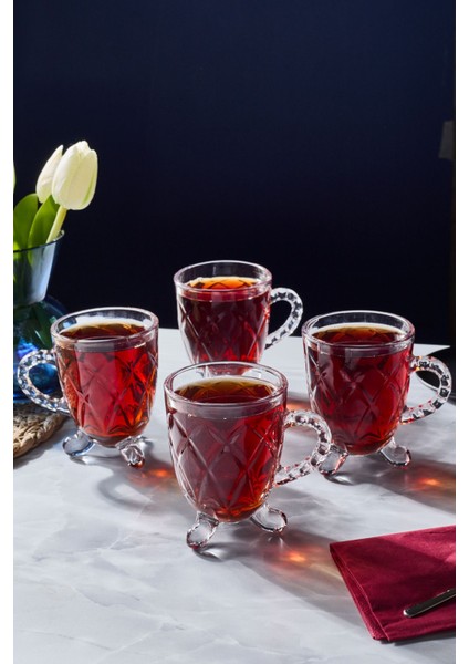 4'lü Cam Ayaklı Kulplu Çay Kahve Bardağı 200ML Turuncu Set