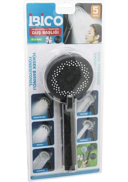 5 Mod Yuvarlak=8.7cm Duş Başlık Kademeli Vakumlu Siyah Gövde - Siyah Zemin - Beyaz-Syh Iğne SAP:14CM (5047)