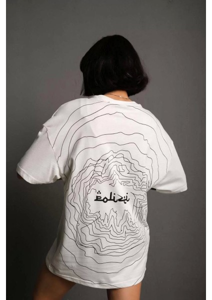 Kadın Bisiklet Yakalı Sırt Baskılı Oversize T-Shirt - Beyaz