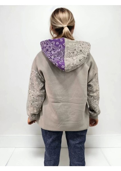 Kadın Baskılı Kapüşonlu Sweatshirt - Gri indirimleri