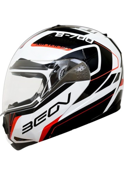 Beon Çene Açılır Vizörlü Kask B700 Aır Tek Beyaz Siyah Kırmızı L