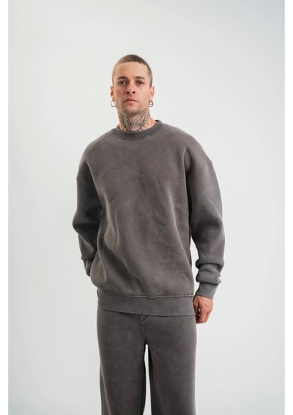 Unisex Uzun Kol Bisiklet Yaka Yıkamalı Sweatshirt - Füme