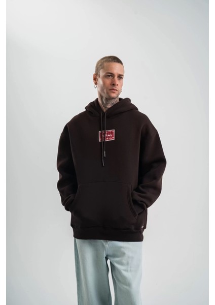Double Oversize Kapşonlu Dijital Patchli Sweatshirt - Kahve