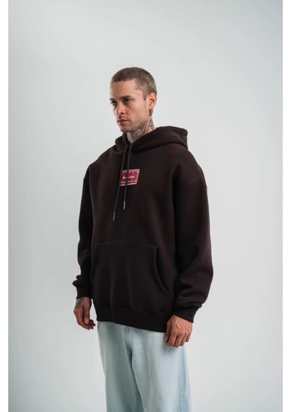 Double Oversize Kapşonlu Dijital Patchli Sweatshirt - Kahve modelleri