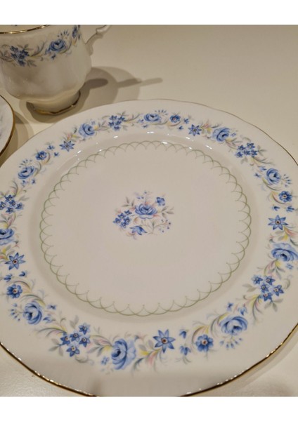Mavi Çiçek Desenli Zarif Kahvaltı ve Çay Seti 3 Parça