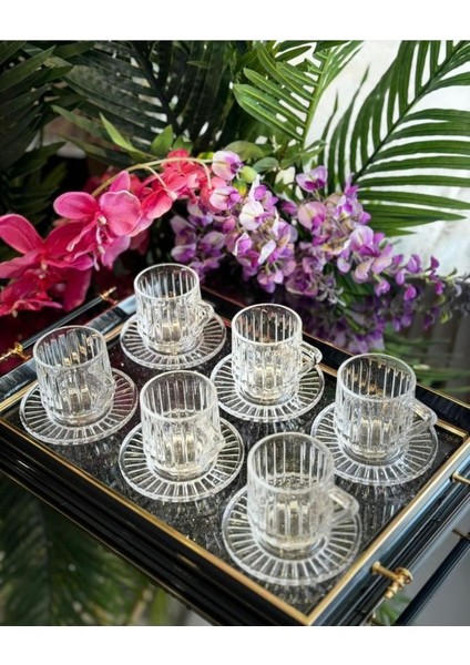 12 Parça Kristal Cam Çay ve Nescafe Fincan Takım Seti Beyaz