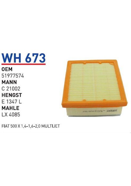 Wh673 Oem 51977574 Fıat 500 X 1,4-1,6-2,0 multıjet Otomobil hava filtre air filter