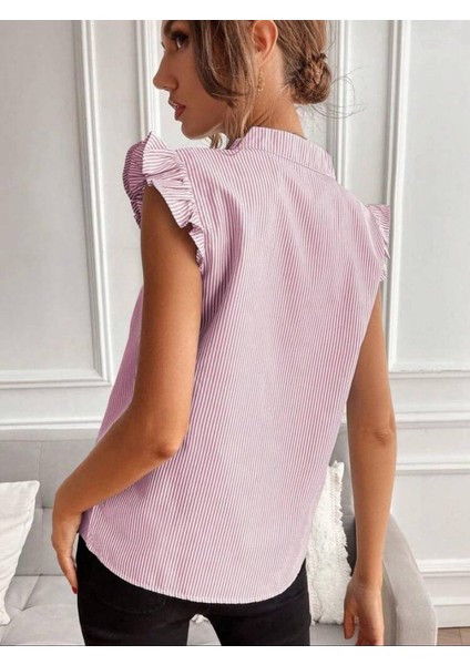 Kadın Pamuk Polyester Kumaş V Yaka Omuzu Fırfırlı Bluz fiyatları