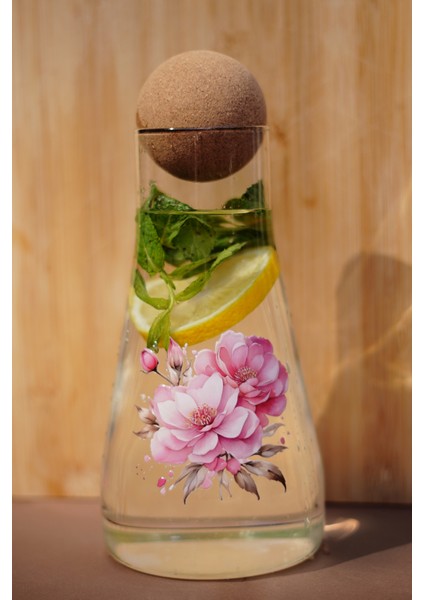 Caga Pinterest Cam Sürahi | Kiraz Çiçeği Desenli Borosilikat Ahşap Top Kapaklı 900 ml Sürahi Karaf