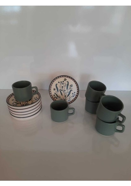 12 Parça Yeşil Çay Fincan Takımı, 6 Kişilik, Stackable, Şık ve Kullanışlı